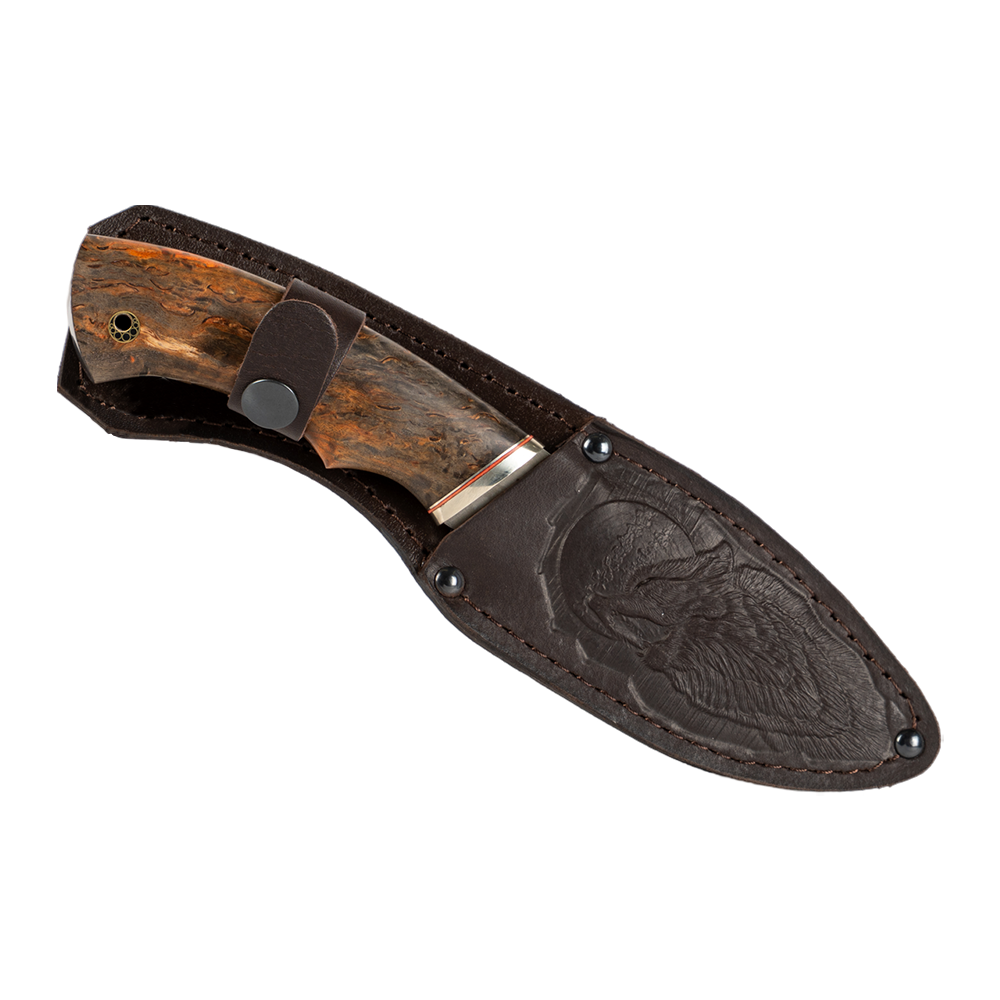 Нож МС "Разделочный" сталь М390, мельхиор, рукоять из стабилизированной карельской березы (набор). Фото №8