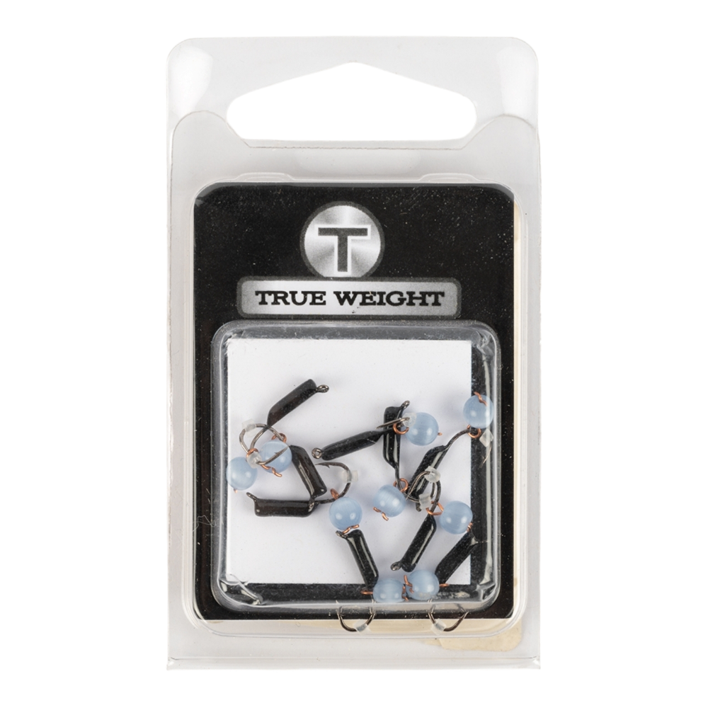 Мормышка вольфрамовая Trye Weight черная "Гвоздешарик" d1,5мм кошачий глаз, голубой (10шт). Фото №1