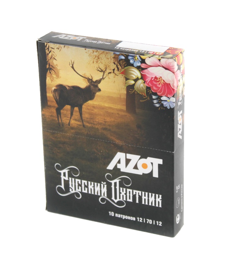 Патрон АЗОТ 12/70 охотничий Русский Охотник Картечь №8,5 32 гр. (в пачке 10шт) (в коробке 250шт). Фото №1