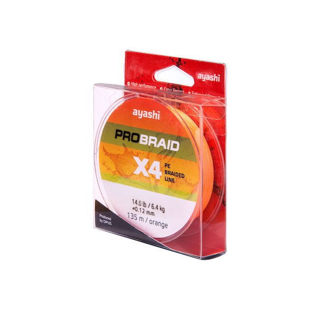 Плетеный шнур Ayashi PRO BRAID-X4 (orange) d-0,18mm. Фото №3