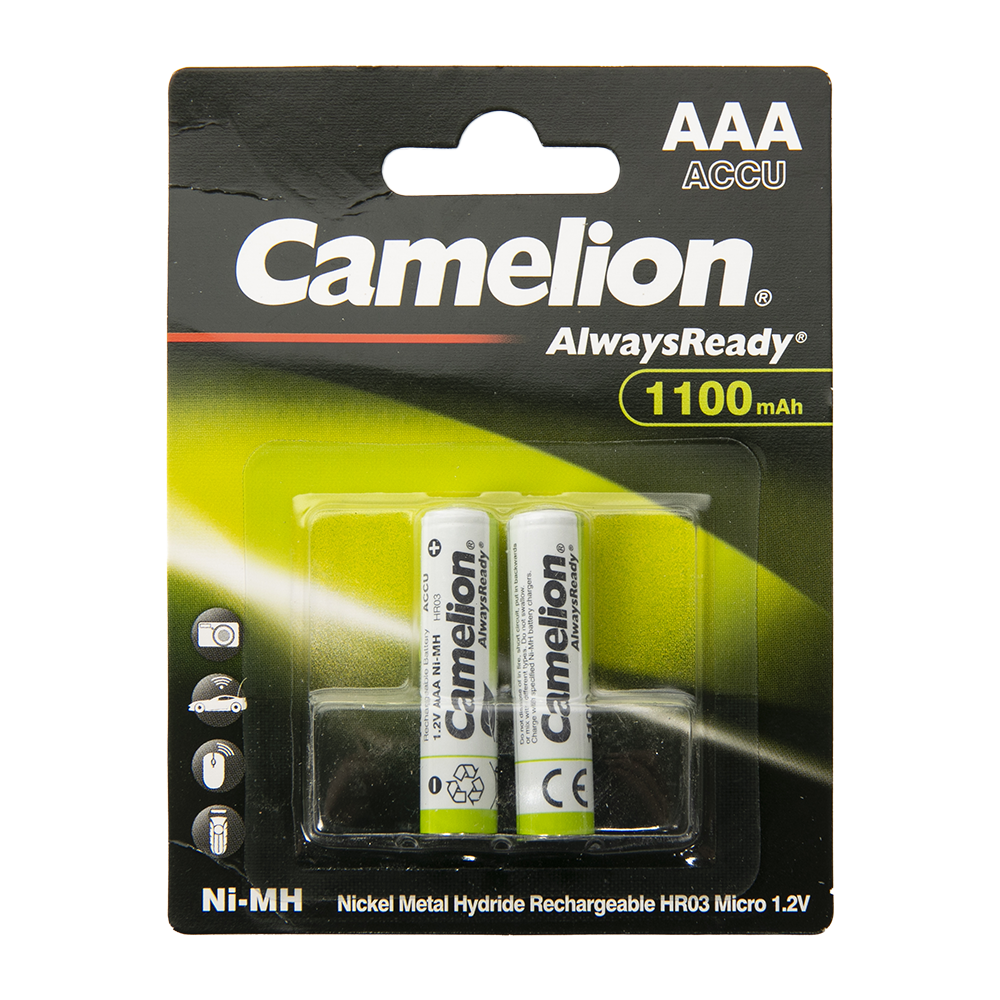 Батарейка аккумуляторная Camelion Always Ready AAA-1100mAh Ni-Mh BL-2 (NH-AAA1100BP2, 1.2В). Фото №1