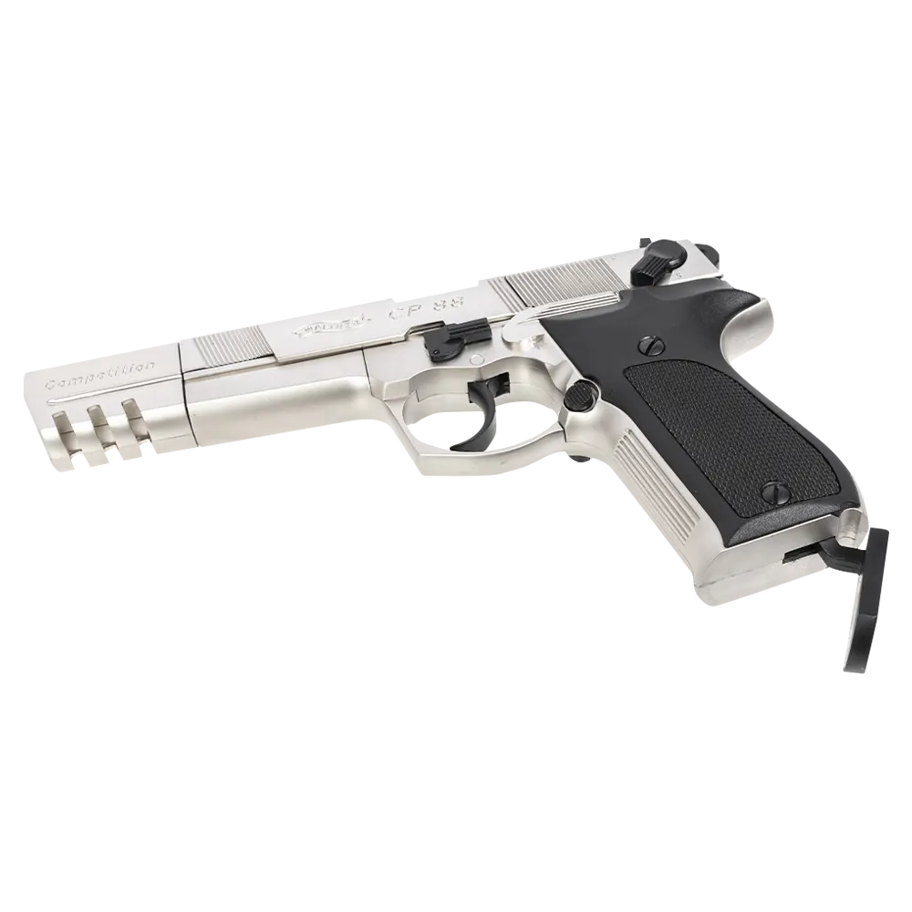 Пистолет пневматический Walther СР 88 Competition (удлиненный свол, никель с чёрными пластиковыми накладками). Фото №4 Пистолет пневматический Walther СР 88 Competition (удлиненный свол, никель с чёрными пластиковыми накладками). Фото №4