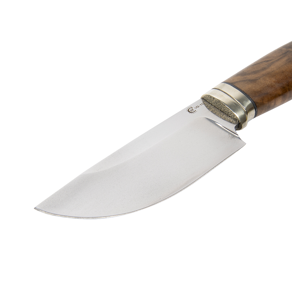 Нож МС Тайга, клинок VG-10, лит. мельхиор, орех(кап). Фото №4 Нож МС Тайга, клинок VG-10, лит. мельхиор, орех(кап). Фото №4