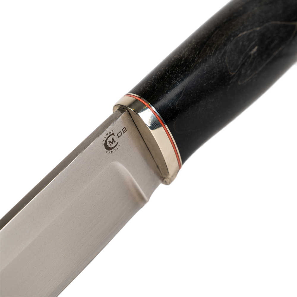 Нож МС Соболь, клинок D2, рукоять стабилизированная карельская береза, литье мельхиор. Фото №5