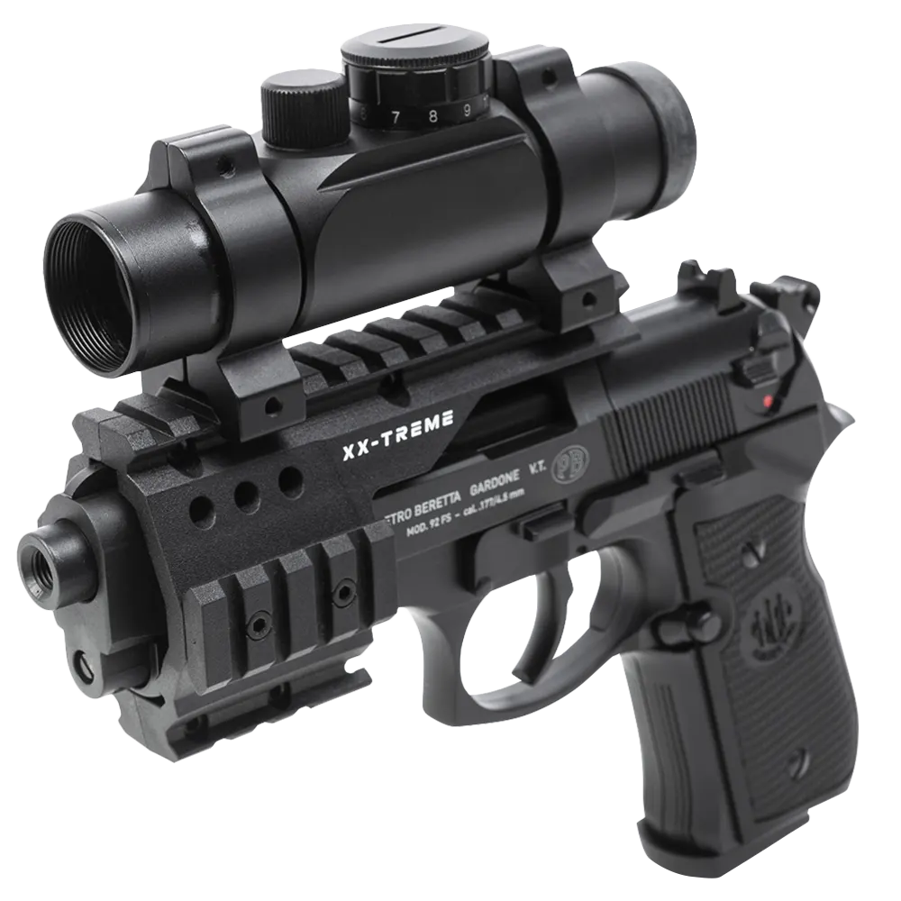 Пистолет пневматический Beretta M92 FS (глушитель, коллиматор, чёрный с чёрными пластиковыми накладками). Фото №2 Пистолет пневматический Beretta M92 FS (глушитель, коллиматор, чёрный с чёрными пластиковыми накладками). Фото №2