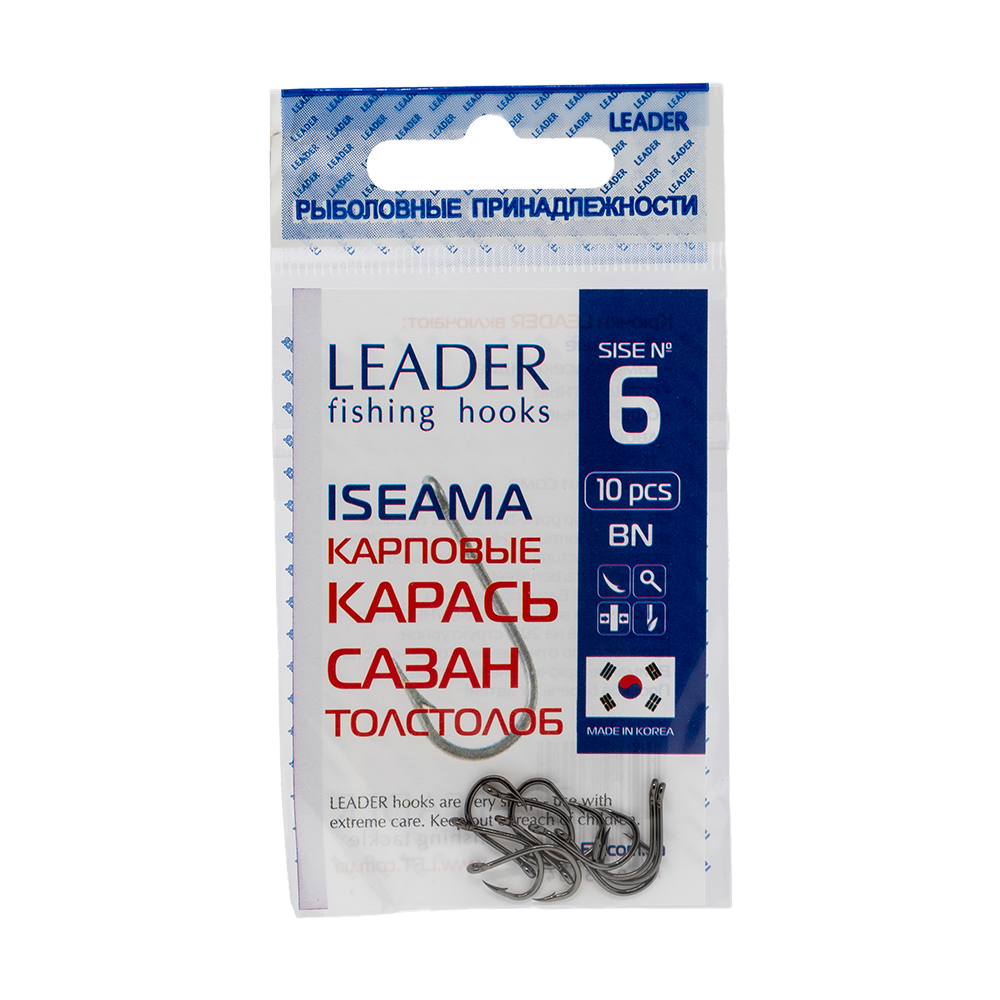 Крючки Leader ISEAMA Карповые BN, 6(упак.10). Фото №1