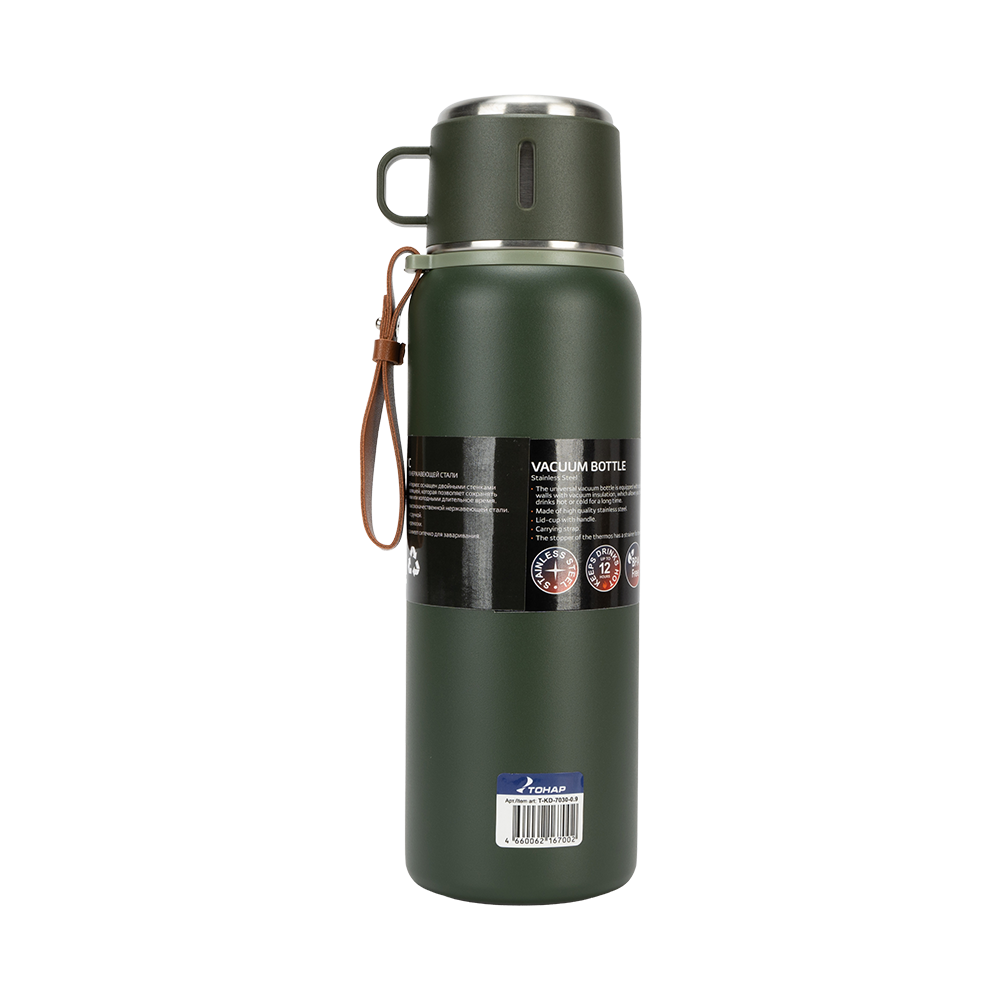 Термос 900ML хаки (пробка-ситечко, крышка-кружка, ремешок) TONAR. Фото №2