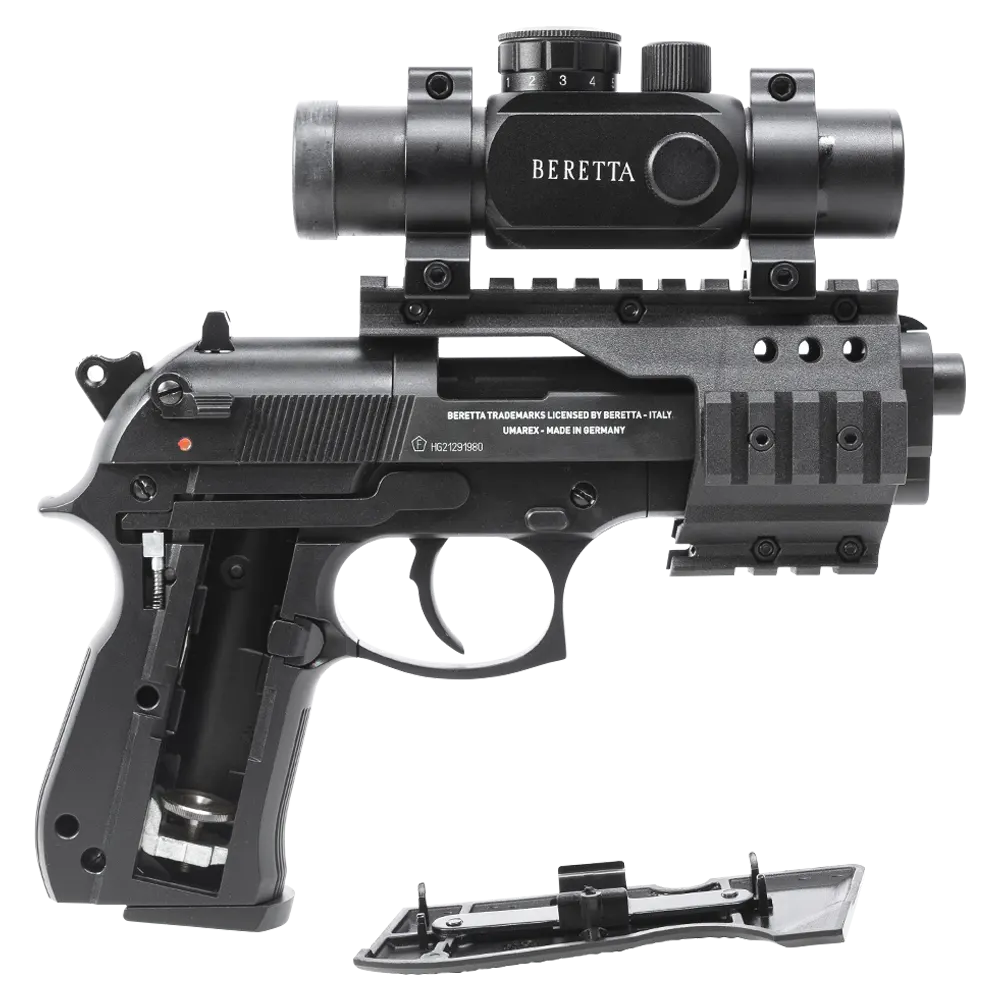Пистолет пневматический Beretta M92 FS (глушитель, коллиматор, чёрный с чёрными пластиковыми накладками). Фото №4 Пистолет пневматический Beretta M92 FS (глушитель, коллиматор, чёрный с чёрными пластиковыми накладками). Фото №4