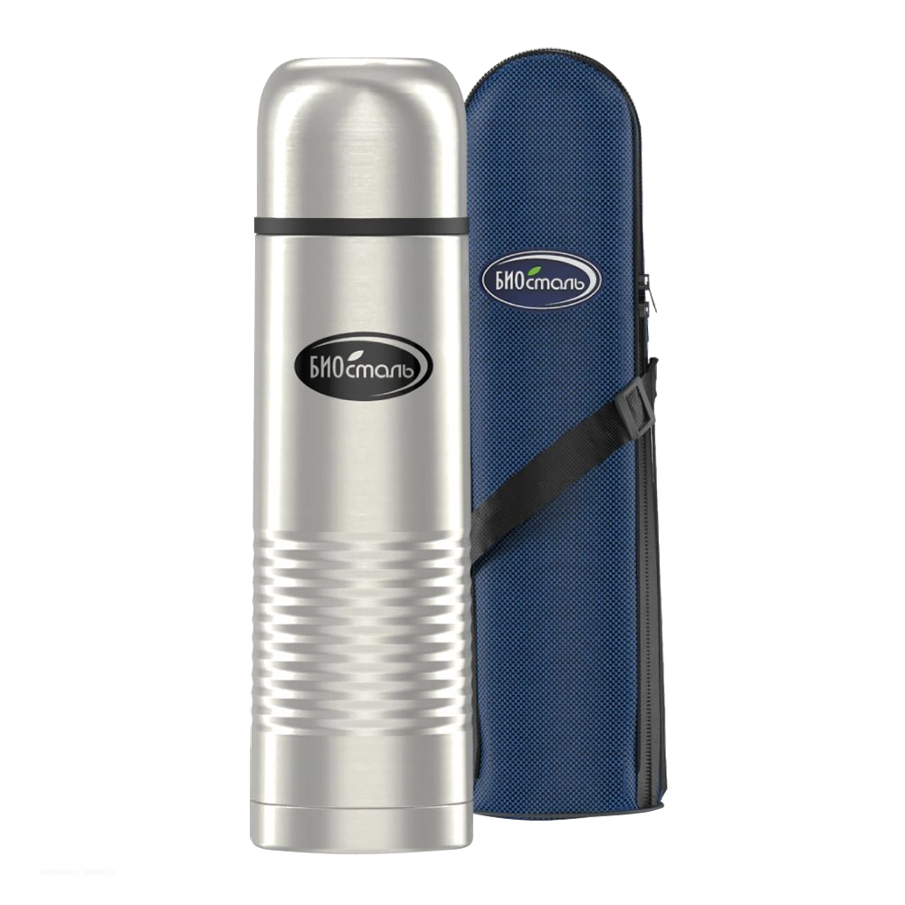 Термос BIOSTAL NB-500B (узкое горло, с кнопкой, стальной, 0.5л, чехол). Фото №1