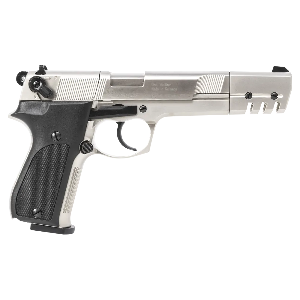 Пистолет пневматический Walther СР 88 Competition (удлиненный свол, никель с чёрными пластиковыми накладками). Фото №1 Пистолет пневматический Walther СР 88 Competition (удлиненный свол, никель с чёрными пластиковыми накладками). Фото №1