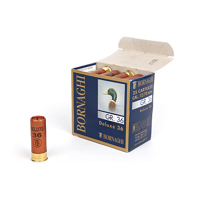 Патрон BORNAGHI Deluxe 36 дробь №4 12/70, 36гр.(в пачке 25шт) (в коробке 250шт). Фото №1 Патрон BORNAGHI Deluxe 36 дробь №4 12/70, 36гр.(в пачке 25шт) (в коробке 250шт). Фото №1