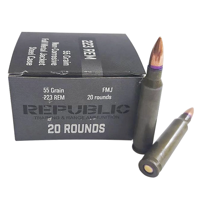 Патрон нарезной Republic калибр223 REM FMJ BT 55gr/3,56гр. (пачка 20 шт.). Фото №1 Патрон нарезной Republic калибр223 REM FMJ BT 55gr/3,56гр. (пачка 20 шт.). Фото №1