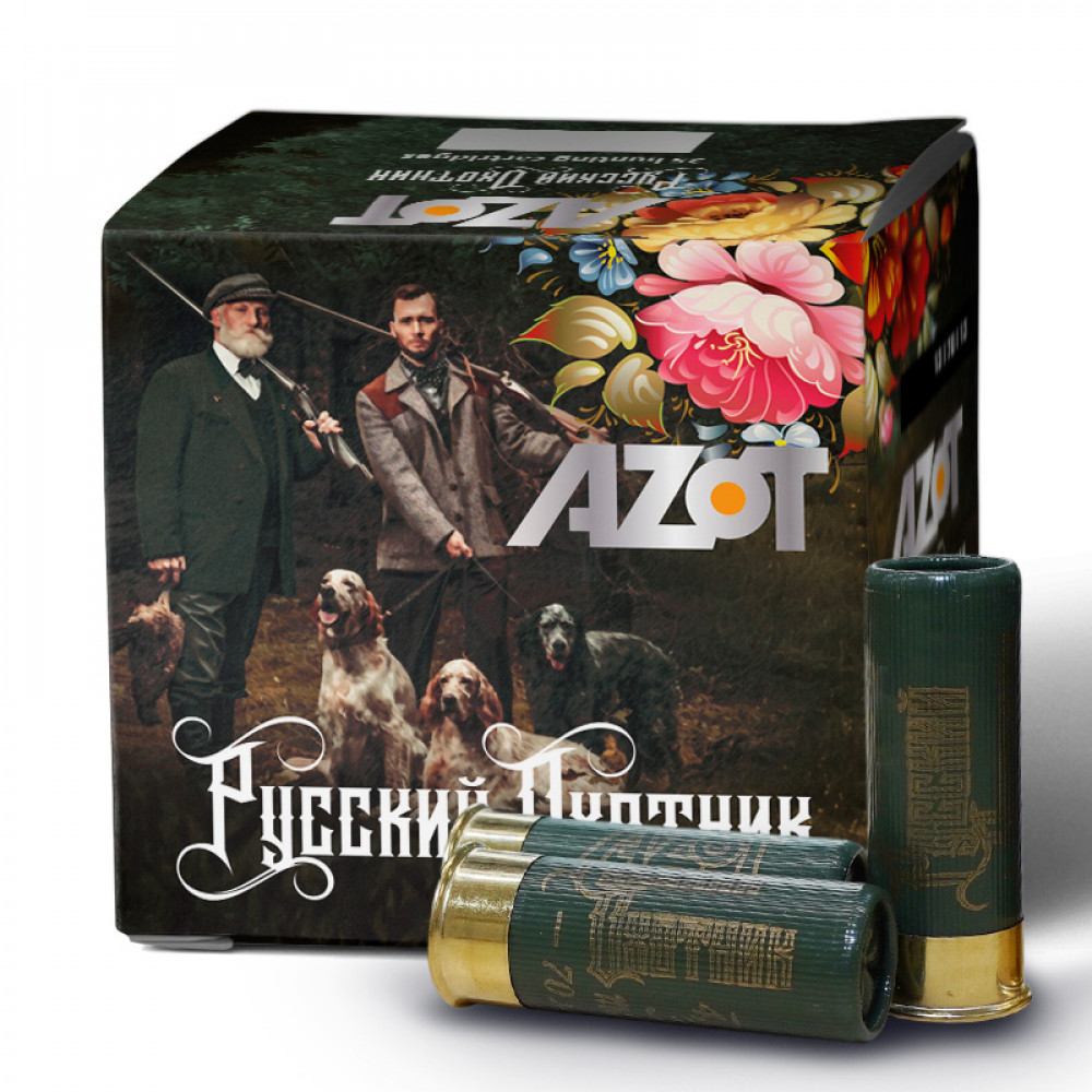 Патрон АЗОТ 12/70 охотничий дробовой 32г (бесконтейнерный) Русский Охотник №0 (в пачке 25 шт) (в коробке 250шт). Фото №2