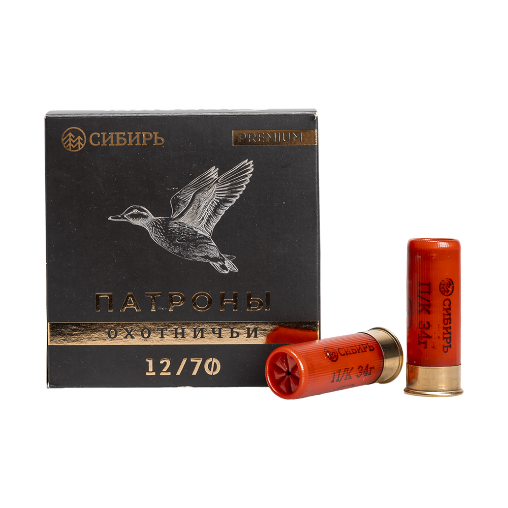 Патрон СИБИРЬ PREMIUM 12/70 охотничий дробовой 34г №1 (пачка 25 шт) (в коробке 250шт). Фото №1