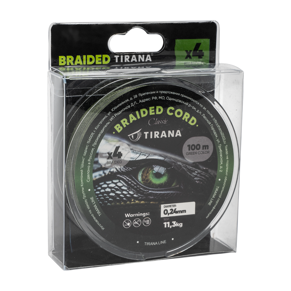 Шнур плетеный Tirana Folk Cord X4 PE 100м, d0,24 (green). Фото №1