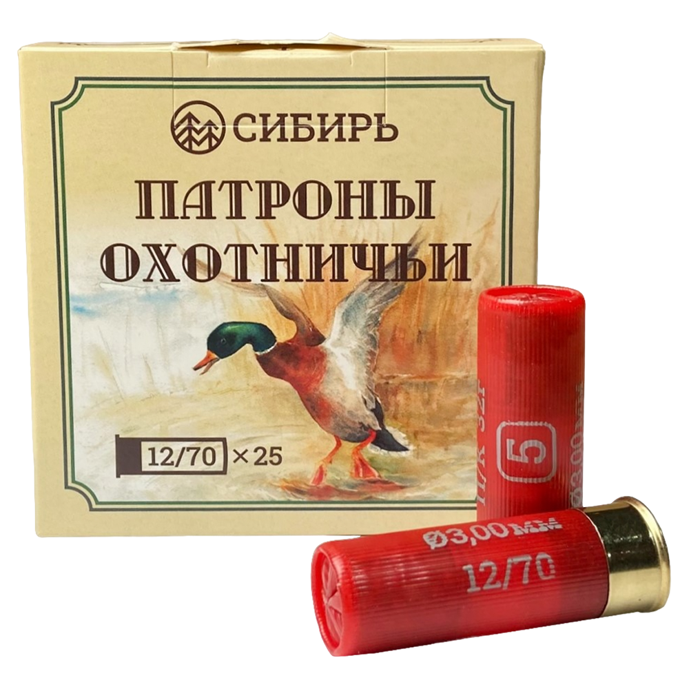 Патрон СИБИРЬ 12/70 охотничий дробовой 32г №5 п/к (в пачке 25 шт) (в коробке 250шт). Фото №1