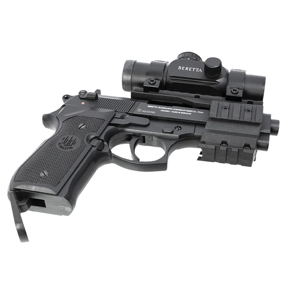 Пистолет пневматический Beretta M92 FS (глушитель, коллиматор, чёрный с чёрными пластиковыми накладками). Фото №5 Пистолет пневматический Beretta M92 FS (глушитель, коллиматор, чёрный с чёрными пластиковыми накладками). Фото №5