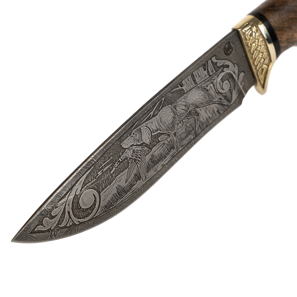 Нож МС Близнец, клинок дамаск, грав., рукоять орех, кап, литье. Фото №8