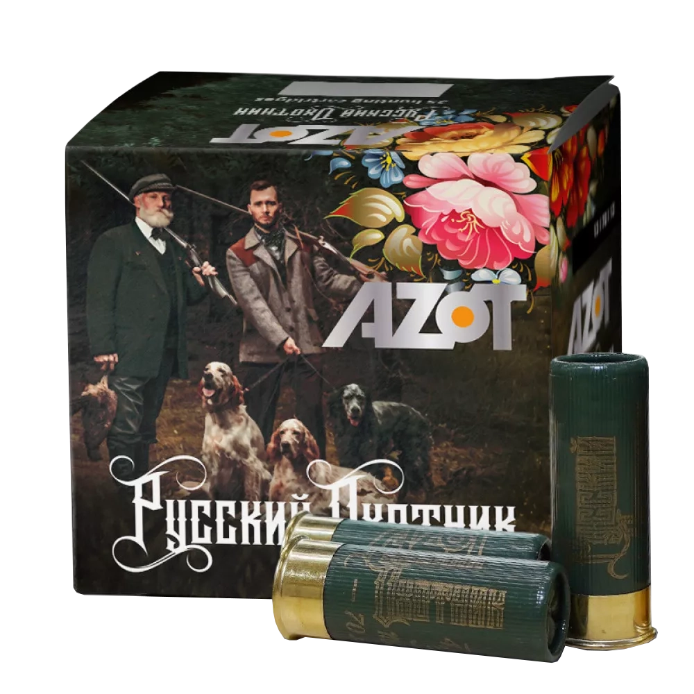 Патрон АЗОТ 12/70 охотничий дробовой 32г Русский Охотник №1 (в пачке 25 шт) (в коробке 250шт). Фото №1