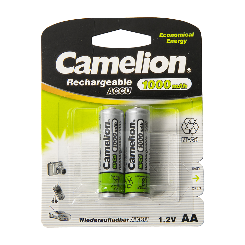 Батарейка аккумуляторная Camelion   AA-1000mAh Ni-Cd BL-2 (NC-AA1000BP2,1.2В). Фото №1