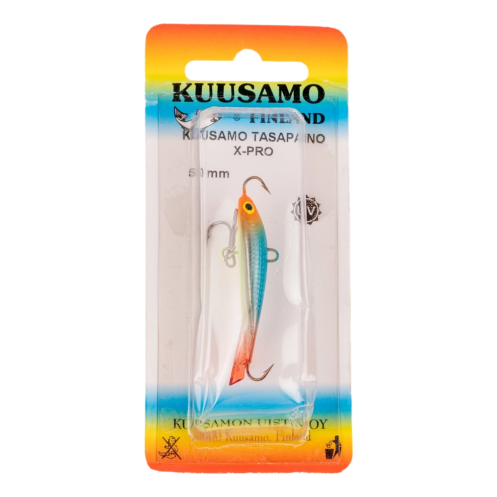 Балансир Kuusamo Tasapaino X-PRO 50мм, 6гр, цвет (O/BLU/FYe, UV) с тройником. Фото №1