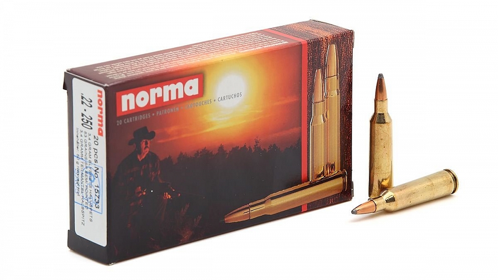 Патрон нарезной NORMA калибр 22-250 REM FMJ Jackmatch 3,6гр. 55 grn. (в пачке 50 шт.). Фото №1