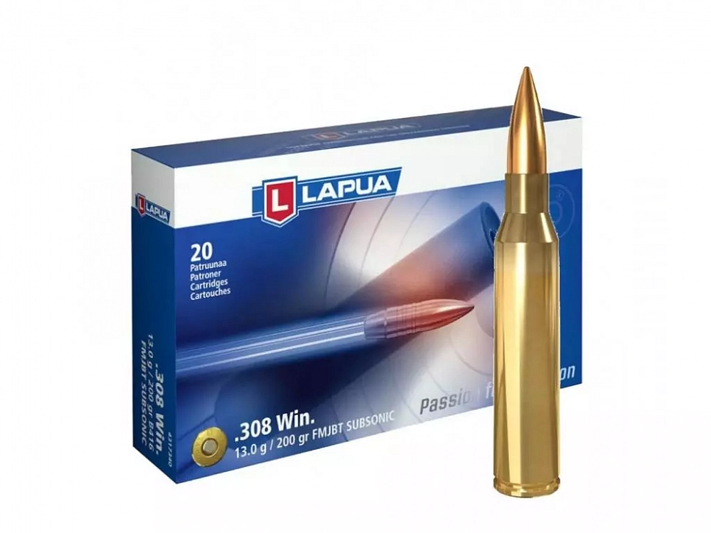 Патрон нарезной LAPUA калибр 308 WIN Subsonic FMJ 13,0 гр. 200 grn. (в пачке 20 шт.). Фото №1