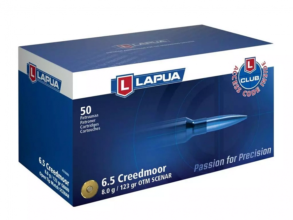 Патрон нарезной LAPUA калибр 6.5 Creedmoor Scenar FMJ 8,1 гр. 123 grn. (в пачке 50 шт.). Фото №1