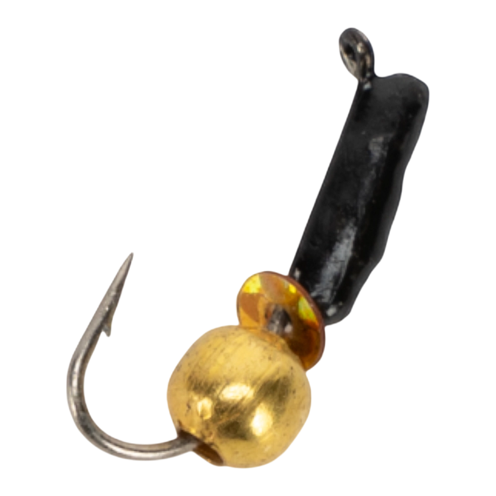Мормышка вольфрамовая Trye Weight черная "Гвоздешарик" d1,5мм шарик, золото, паетка (10шт). Фото №1
