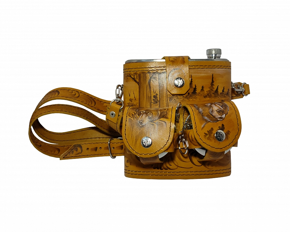 Фляжка 1л (в коже, на ремне 2 складных стакана) (ИП Кишурова). Фото №2