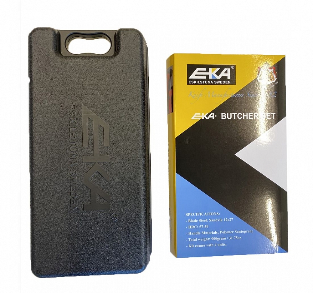 Набор разделочный ЕКА, ножи: шкуросъём., фил., раздел., мусат. клин. Sandvik 12С27, рук. Santoprene. Фото №3 Набор разделочный ЕКА, ножи: шкуросъём., фил., раздел., мусат. клин. Sandvik 12С27, рук. Santoprene. Фото №3