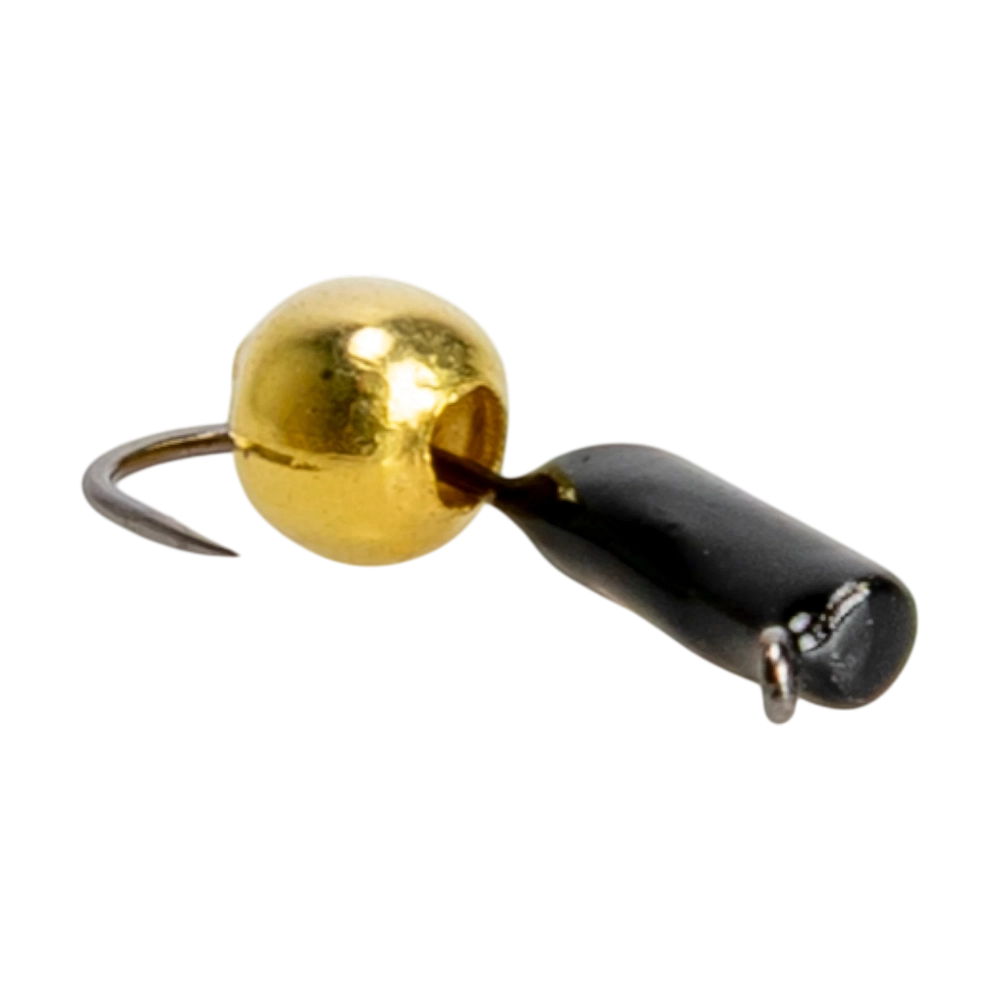 Мормышка вольфрамовая Trye Weight черная "Гвоздешарик" d2,0мм шарик, золото, паетка (10шт). Фото №2