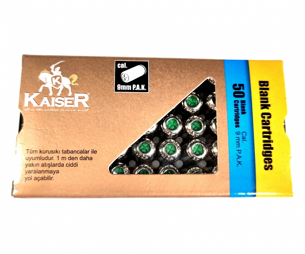 Патрон светозвукового действия Kaiser калибр 9мм BLANK. (50 шт. в упаковке). Фото №1