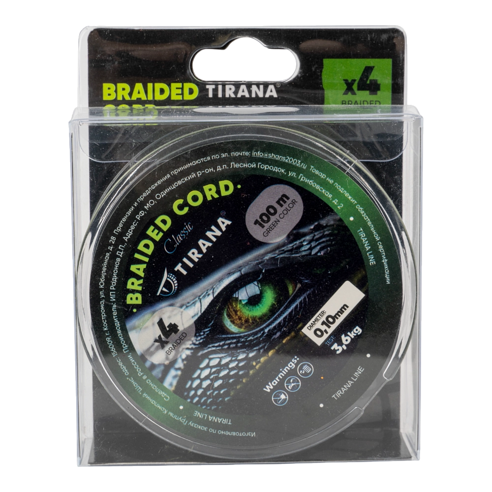 Шнур плетеный Tirana Folk Cord X4 PE 100м, d0,10 (green). Фото №1