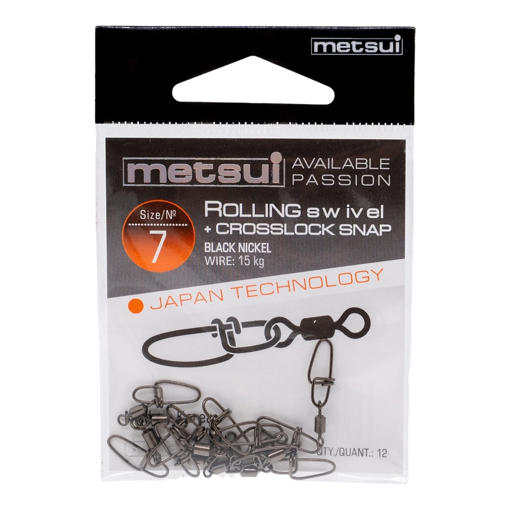 Вертлюги с застежкой metsui ROLLING SWIVEL WITH CROSSLOCK SNAP цвет black, размер № 7, в уп. 12 шт.. Фото №1 Вертлюги с застежкой metsui ROLLING SWIVEL WITH CROSSLOCK SNAP цвет black, размер № 7, в уп. 12 шт.. Фото №1