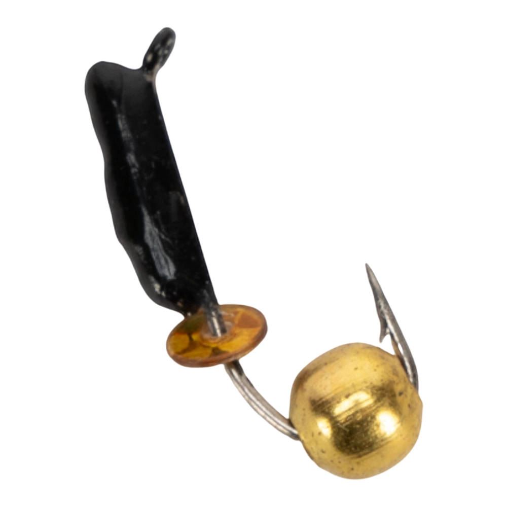 Мормышка вольфрамовая Trye Weight черная "Гвоздешарик" d1,5мм шарик, золото, паетка (10шт). Фото №2