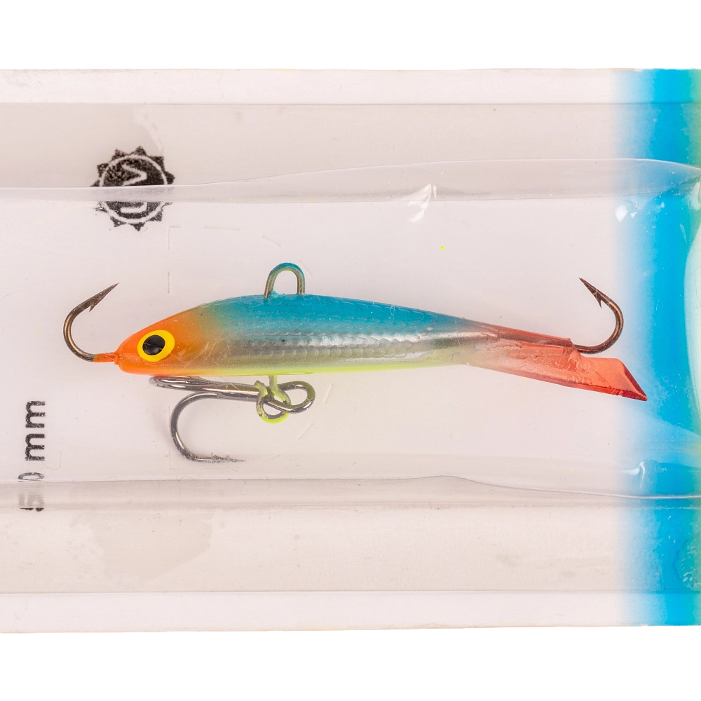 Балансир Kuusamo Tasapaino X-PRO 50мм, 6гр, цвет (O/BLU/FYe, UV) с тройником. Фото №2