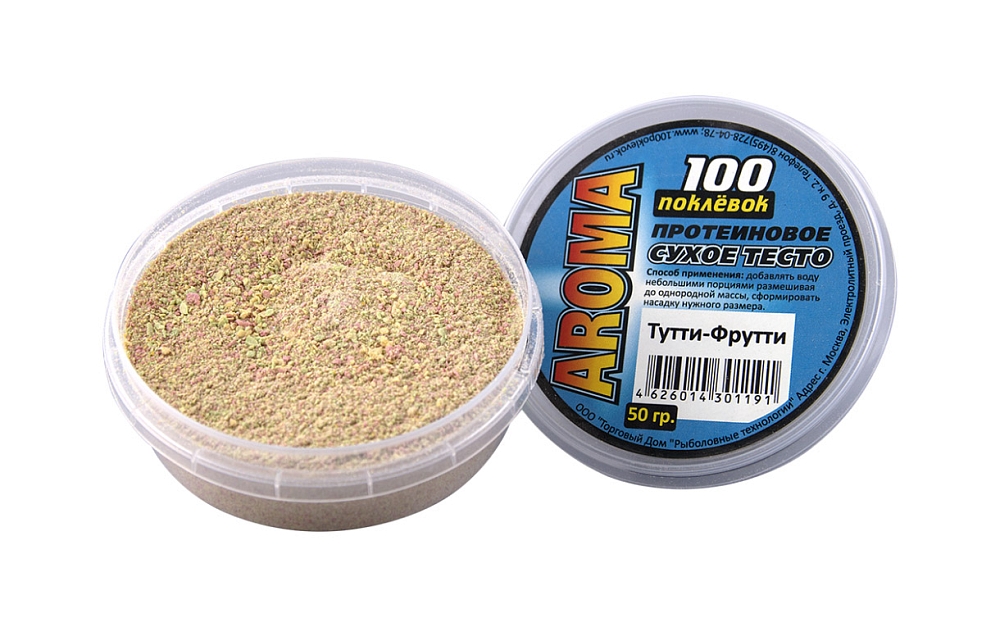 Тесто сухое протеиновое "100 Поклевок" AROMA Тутти-фрутти (1 шт.-банка 50г.). Фото №1