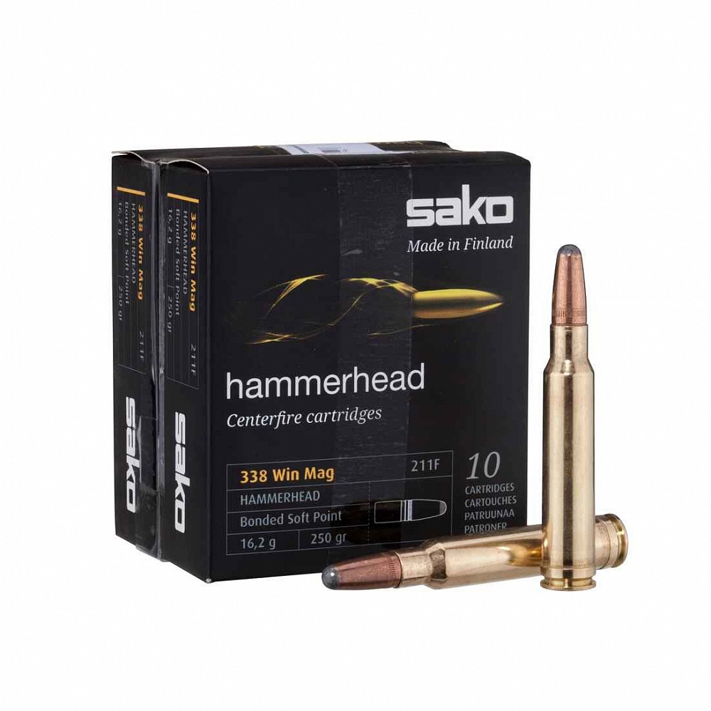 Патрон нарезной SAKO калибр 338 WIN Mag SP Hammerhead 16,2 гр. 250 grn. (в пачке 20 шт.). Фото №1