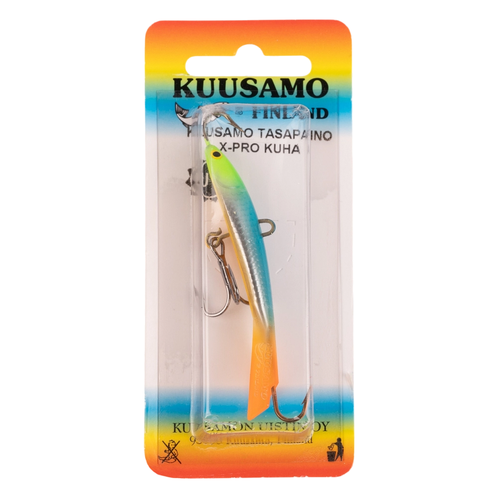 Балансир Kuusamo Tasapaino X-PRO Kuha 75мм, 13,5гр, цвет (FGR/BLU/FO, UV) с тройником. Фото №1