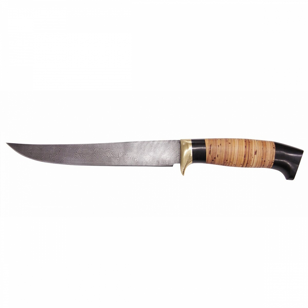 Нож "Филейный" большой, дамаск, береста, граб (ИП Семина). Фото №2