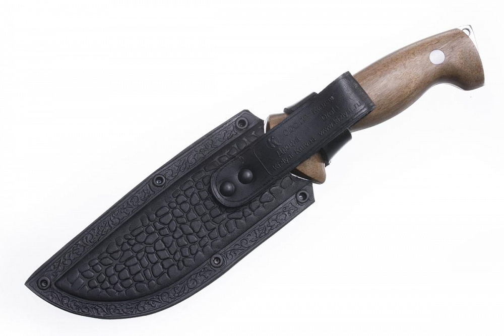 Нож Дрофа полировка, деревянная рукоять без гарды, кожаные ножны. Фото №3