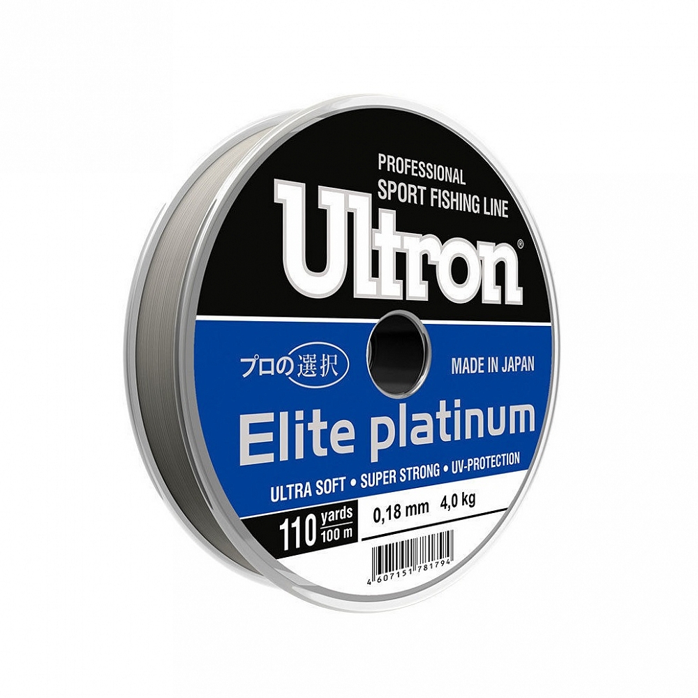 Леска монофиламентная ULTRON Elite Platinum 0,18мм/100м 4,0кг серебр.. Фото №1